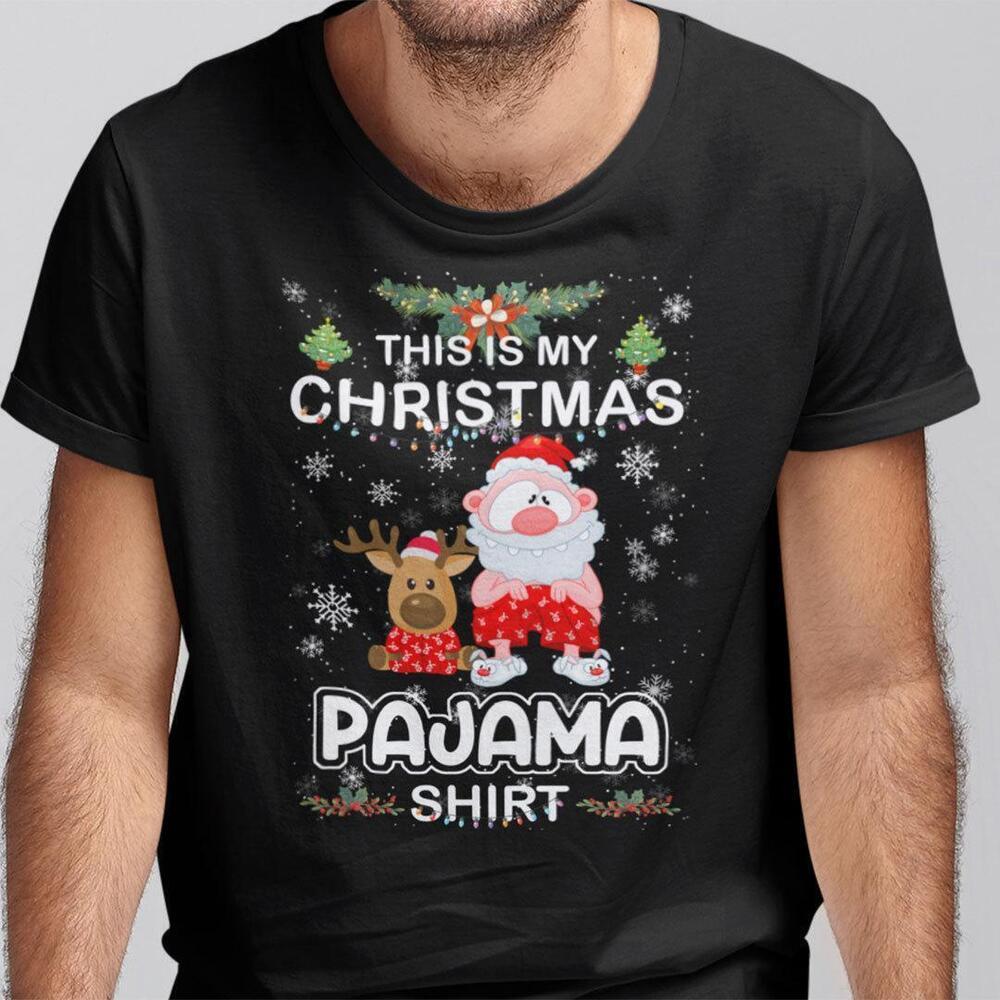 Reindeer Santa This Is My Christmas Pajama Shirt Xmas Lights Funny Tshirt